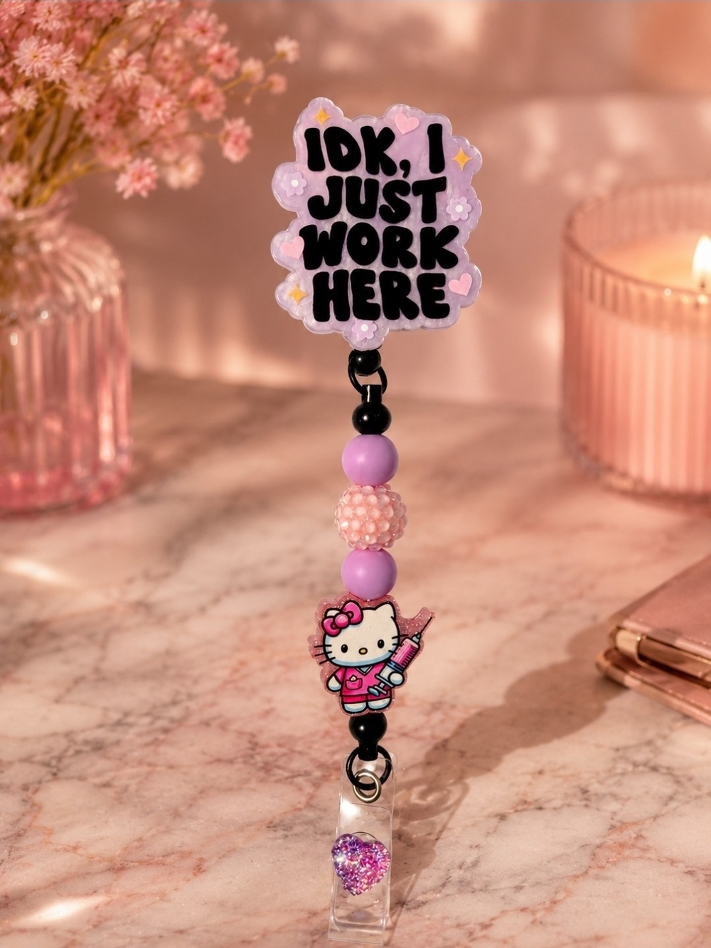 Hello Kitty Purple and Pink Badge Reel with Beaded Charm